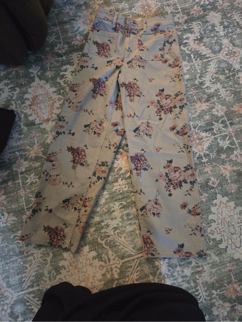 Universal Thread Floral Straight-Leg Pants in Beige with Pink Accents